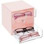 mDesign Stackable Plastic Eye Glass Storage Organizer Boxes Holder for Sunglasses, Reading Glasses, Accessories - 3 Divided Drawers, Chrome Pulls, 2 Pack - Light Pink/Clear