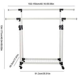 GaGa Portable Adjustable Garment Clothes Double Rail Rack Rolling Hanger Organizer Heavy Duty with Wheels