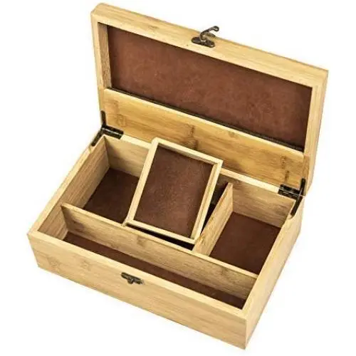 Helio Large Premium Bamboo Wooden Stash Boxes (11x7.5x4 in) for Discrete/Subtle Storage of Smoking Accessories Including lighters, Pipes, Grinders, etc. - Organized/Divided Chest