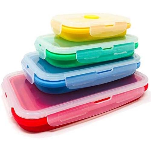 Set of 4 Collapsible Silicone Food Storage Container, Leftover Meal boxes For Kitchen, Bento Lunch Boxes, BPA Free, Microwave, Dishwasher and Freezer Safe. Foldable Thin Bin Design Saves Your Space.