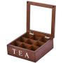 Fonture Wood Tea Store Box, Teabag Storage 9 Compartments Wooden Tea Boxes Hinged Glass Lid Tea Organizer-Brown