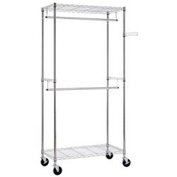 Closet Organizer Garment Rack Clothes Hanger Home Shelf Heavy Duty Chrome Rolling Double Hanging Rod Garment