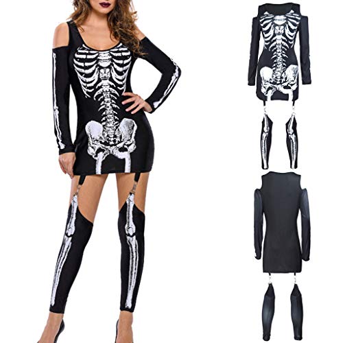 charmsamx Womens Halloween Punk Skeleton Skull Printed Dress Autumn Casual Cold Shoulder Long Sleeve Tunic Top with Skull Bone Long Arm Warmer Jumpsuit for Halloween Costume Party