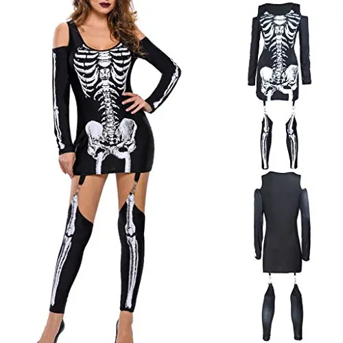 charmsamx Womens Halloween Punk Skeleton Skull Printed Dress Autumn Casual Cold Shoulder Long Sleeve Tunic Top with Skull Bone Long Arm Warmer Jumpsuit for Halloween Costume Party charmsamx Womens Halloween Punk Skeleton Skull Printed Dress Autumn Casual Cold Shoulder Long Sleeve Tunic Top with Skull Bone Long Arm Warmer Jumpsuit for Halloween Costume Party