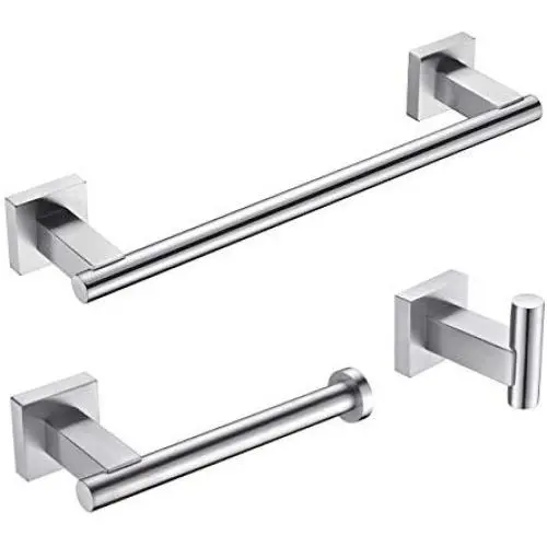 Hoooh 3-Piece Bathroom Accessories Set Brushed Stainless Steel Wall Mount - Includes 12" Hand Towel Bar, Toilet Paper Holder, Robe Hooks, BS101S3-BN