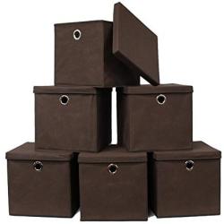 Pezin & Hulin 6 Pack Foldable Storage Cubes with Lid and Metal Eyelet Handle, Fabric Storage Bins 11 x 11 x 11 inch, Collapsible Basket Boxes Container, Cloth Organizer for Shelves, Closet, (Brown)