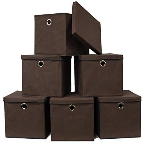 Pezin & Hulin 6 Pack Foldable Storage Cubes with Lid and Metal Eyelet Handle, Fabric Storage Bins 11 x 11 x 11 inch, Collapsible Basket Boxes Container, Cloth Organizer for Shelves, Closet, (Brown)