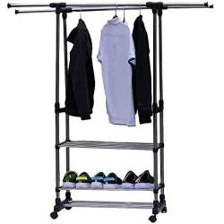 Hommoo Clothing Hanger Garment Rack Dual Rod Adjustable Garment Rack with 3 Tiers Shoe Rack,Rolling Clothes Organizer Hanger on Wheels,Black