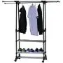 Hommoo Clothing Hanger Garment Rack Dual Rod Adjustable Garment Rack with 3 Tiers Shoe Rack,Rolling Clothes Organizer Hanger on Wheels,Black