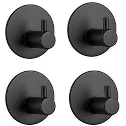 BQTime Self Adhesive Hooks, NO Drill, Heavy Duty, Wall Mounted, Waterproof, Towel Robe Coat Cloth Bag Key Holder Hanger(4 Pack Single Round Hook), Kitchen RV Bathroom Shower Accessories, Black