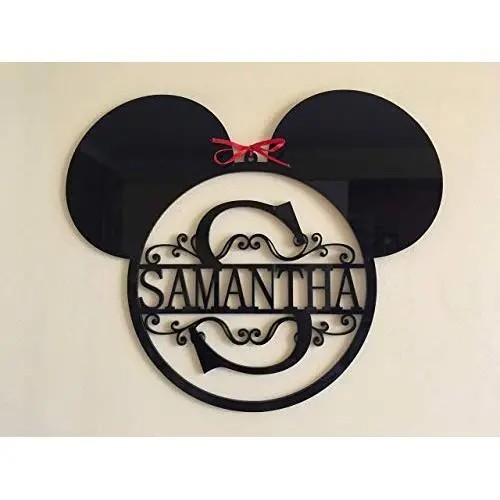 Mickey Mouse Ears Monogram Personalized Name Acrylic Sign Split Letter Wall Door Hanger Custom Disney Wreath Nursery Decor Kids Bedroom Metal Hanging Signs Minnie Mouse Gift for Kids Birthday Present