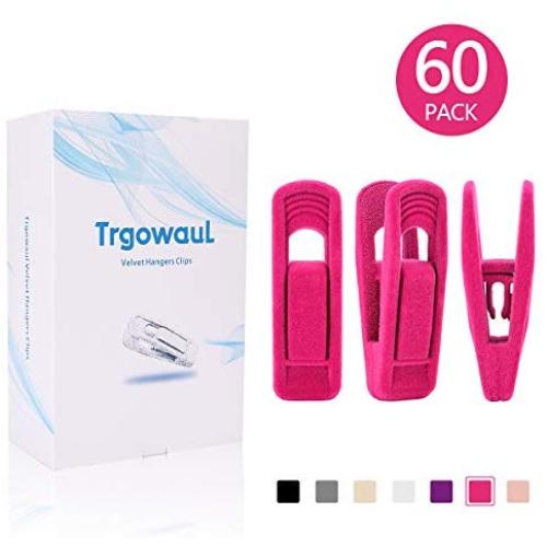 Trgowaul Hot Pink Velvet Hangers Clips, 60 pc Pants Hangers Velvet Clips, Strong Finger Clips Perfect for Thin Velvet Hangers