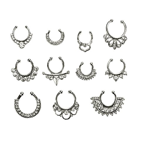 Maggie 11Pcs Fake Septum Clicker Nose Ring Rhinestone Non Piercing Hanger Clip Body Jewelry