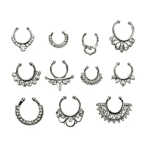 Maggie 11Pcs Fake Septum Clicker Nose Ring Rhinestone Non Piercing Hanger Clip Body Jewelry Maggie 11Pcs Fake Septum Clicker Nose Ring Rhinestone Non Piercing Hanger Clip Body Jewelry