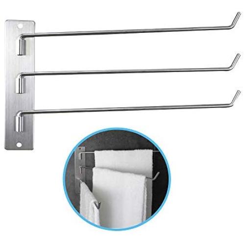 KSHAN Towel Hook Bath Swing Out Towel Bar SUS 304 Stainless Steel Bathroom Hand Towel Rack 3-Bar Folding Arm Swivel Hanger Wall Mount