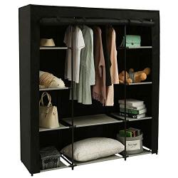 Homebi Clothes Closet Portable Wardrobe Durable Clothes Storage Organizer Non-Woven Fabric Cloth Storage Shelf with Hanging Rod and 10 Shelves for Extra Storage, 59.05" W x 17.72" D x 65.4" H (Black)