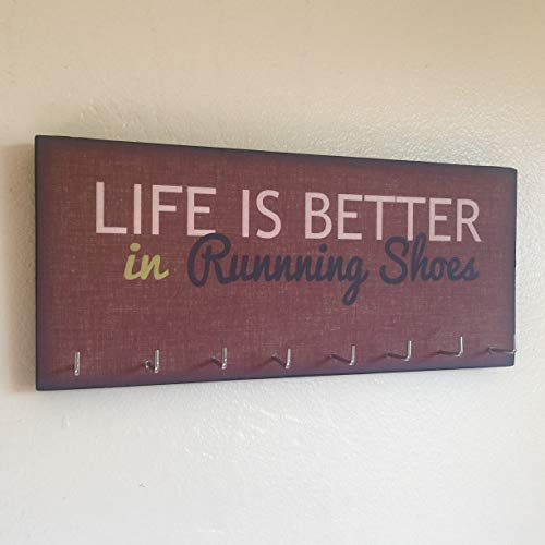 Race Medal Holder/Running Medal Hanger - LIFE IS BETTER IN RUNNING SHOES. Wood Wall Mounted Medal Organizer
