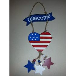 Welcome Americana Heart Flag and 3 Stars Door Hanger Wooden