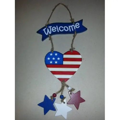 Welcome Americana Heart Flag and 3 Stars Door Hanger Wooden Welcome Americana Heart Flag and 3 Stars Door Hanger Wooden