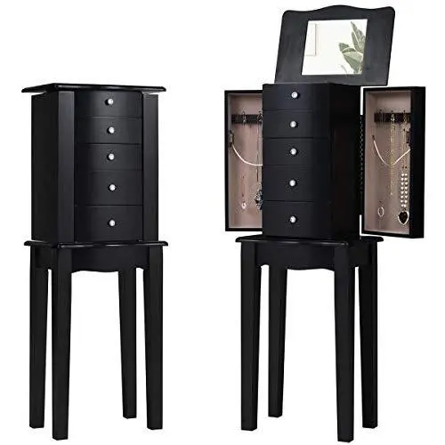 GOFLAME Jewelry Chest Armoire Cabinet Standing with Mirror, Wood Large Ring Necklace Storage Boxes Top Flip Makeup Mirror Classic 33" Tall, Bedroom Jewelry Storage Organizer 5 Drawers, Black GOFLAME Jewelry Chest Armoire Cabinet Standing with Mirror, Wood Large Ring Necklace Storage Boxes Top Flip Makeup Mirror Classic 33" Tall, Bedroom Jewelry Storage Organizer 5 Drawers, Black