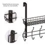 Coat Rack Over The Door Basket Hook Metal Shelf Organizer Black with 5 Hooks and Basket Storage Fit Well at Bedroom Kitchen Bathroom Office for Towels Hats