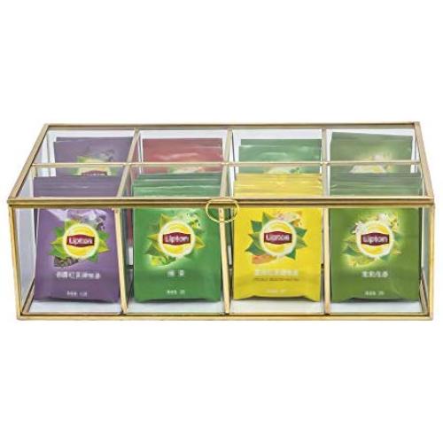 Glass Tea Boxes Organizer Sugar Packets Storage Decor 8 Grids Compartments Divided Handcrafted Brass Metal Frame Jewelry Counter Top Display Case Large, Glass Boxes Only