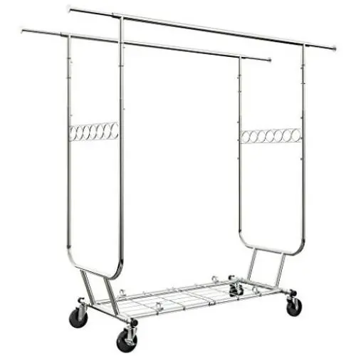 LANGRIA Heavy Duty Rolling Commercial Double Rail Clothing Garment Rack with Wheels Expandable Rods Collapsible Clothes Rack Max Load Capacity 287 lbs. for Bedroom Dressing Room Store (Chrome) LANGRIA Heavy Duty Rolling Commercial Double Rail Clothing Garment Rack with Wheels Expandable Rods Collapsible Clothes Rack Max Load Capacity 287 lbs. for Bedroom Dressing Room Store (Chrome)