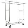 LANGRIA Heavy Duty Rolling Commercial Double Rail Clothing Garment Rack with Wheels Expandable Rods Collapsible Clothes Rack Max Load Capacity 287 lbs. for Bedroom Dressing Room Store (Chrome)