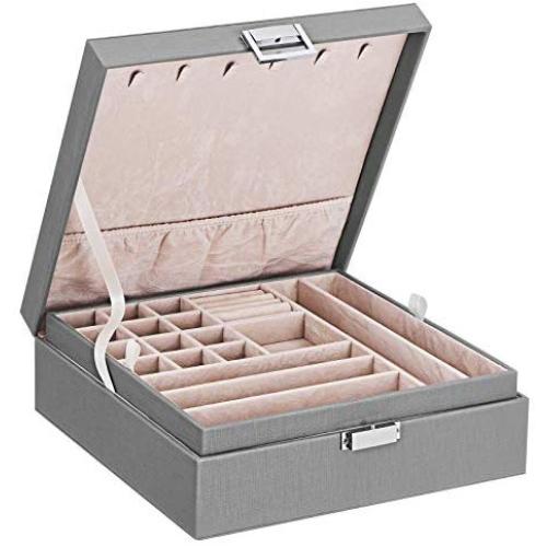 BEWISHOME Jewelry Boxes for Women 35 Compartments Jewelry Organizer - 6 Necklace Hooks, 2 Layers - Jewelry Boxes Display Storage Case Jewelry Holder for Girls Grey SSH71H