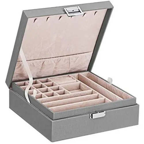 BEWISHOME Jewelry Boxes for Women 35 Compartments Jewelry Organizer - 6 Necklace Hooks, 2 Layers - Jewelry Boxes Display Storage Case Jewelry Holder for Girls Grey SSH71H BEWISHOME Jewelry Boxes for Women 35 Compartments Jewelry Organizer - 6 Necklace Hooks, 2 Layers - Jewelry Boxes Display Storage Case Jewelry Holder for Girls Grey SSH71H