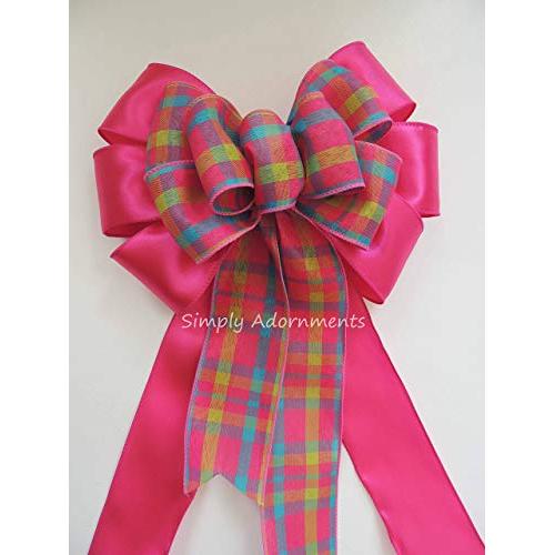 Pink Green blue Plaid Bow Easter Plaid Wreath Bow Pink Spring Tartan Wreath bow Shower Party Decor Pink Plaid Door Hanger Bow Easter Gift Basket Bow