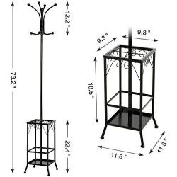 Hall Tree Metal Coat Rack Umbrella Holder Hat Hooks Clothes Storage Stand Hanger