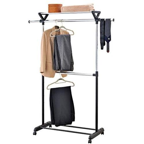 MyGift Adjustable Double Hanger Bar Rolling Garment Rack with Top Shelf