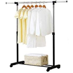 WeiJX Modern Chrome Plated Garment Rack Adjustable Rod Garment Rack with Adjustable Telescopic Double Rail/Rolling Clothes Hanger Black,A