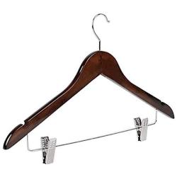 Emango Wooden Pant Hanger, 10-Pack Natural Finish Wooden Suit Hangers with Steel 2-Adjustable Clips and Anti-rust Hooks, Skirt Hangers, Standard Clothes Hangers