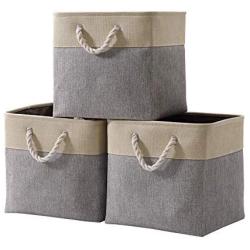 DECOMOMO Foldable Storage Bin [3-Pack] Collapsible Sturdy Cationic Fabric Storage Basket Cube W/Handles for Organizing Shelf Nursery Home Closet (Grey and Beige, Cube - 13 x 13 x 13)