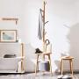 COAT RACK Solid Wood Tree Hook with Stool and Storage Boxes Clothes Hanger