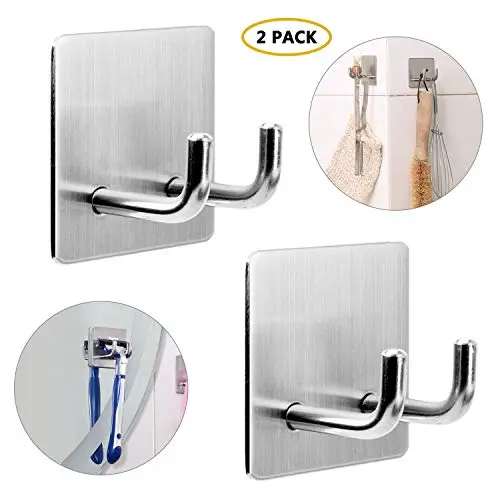 Robe Towel Hooks Coat Hooks, Double Prong Shower Holder for Razor Loofah Bathrobe [Self Adhesive - Heavy Duty Stainless Steel - Multi Purpose] Kitchen Hooks for Utensils, Bathroom Hanger Organizer