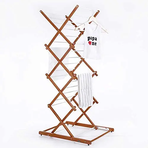 QFFL New Wooden Folding Clothes Airer Telescopic Drying Rack for Bedroom Living Room Bathroom Hanging Towel Clothes 63x131cm/24.8x51.7 Inch Hangers