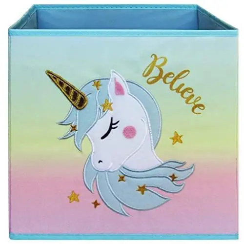 Lovely Little Things Unicorn Storage Bins Foldable - Toy Boxes Collapsible Cube - Boxes for Shelves - Boxes Storage Decorative - Kids Toys Organizer - Rainbow Container [Blue Hair]