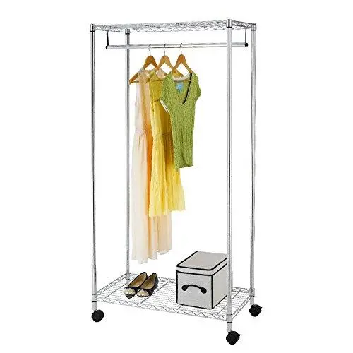 Cypressshop Rolling Wire Shelf Rack 2 Tiers Laundry Garment Hanging Rack Cloth Hanger Shelving Hanging Unit Open Closet Wardrobe Organizers with Shoe Rack Home Furniture