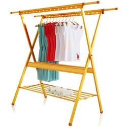 Clothes Airer Aluminum X-Type Drying Rack Floor Folding Indoor and Outdoor Home Balcony Double Pole Clothes Hanger (Color : Gold)