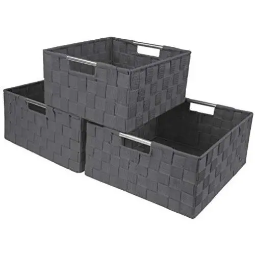 Sorbus Storage Boxes Woven Basket Bin Container Tote Cube Organizer Set Stackable Storage Basket Woven Strap Shelf Organizer Built-in Carry Handles (Gray)