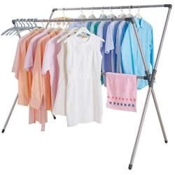 BAOYOUNI Double Poles Folding Clothes Drying Rack Stainless Steel Expandable Rods Space Saving Retractable Heavy Duty Garment Hanger Rail 37 to 66, Grey