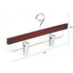 TOPIA HANGER 20-Pack Cherry Wooden Pants Hangers, Luxury Wood Skirt Hangers, Glossy Finish with Extra Thick Chrome Hooks & Anti-Wrinkle Clips CT03M