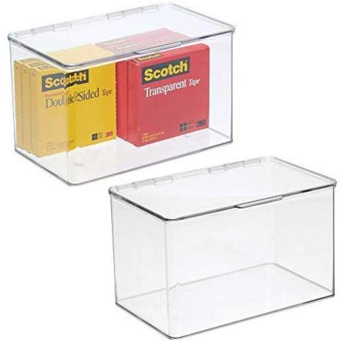 mDesign Plastic Office Storage Bin with Lid - Holds Note Pads, Gel Pens, Staples, Dry Erase Markers, Envelopes, Tape - 7" Long, 2 Pack - Clear