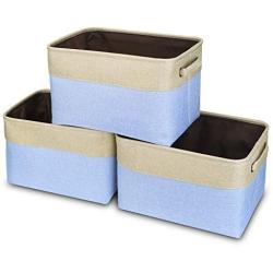 Awekris Large Storage Basket Bin Set [3-Pack] Storage Cube Boxes Foldable Canvas Fabric Collapsible Organizer with Handles for Home Office Closet, Grey/Tan (Light Blue)