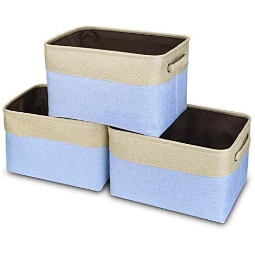 Awekris Large Storage Basket Bin Set [3-Pack] Storage Cube Boxes Foldable Canvas Fabric Collapsible Organizer with Handles for Home Office Closet, Grey/Tan (Light Blue)