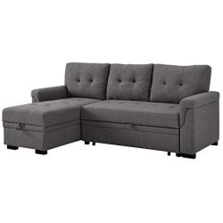 LILOLA Lucca Gray Linen Reversible Sleeper Sofa Storage Chaise