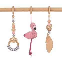 Pink and gray baby gym mobiles.Set of 3: Flamingo, feather, ring. Wooden play gym hangers. Crochet rattle. Baby shower gift. Sensory development.
